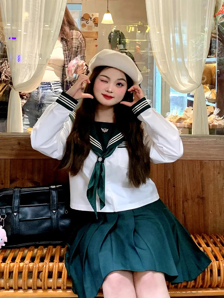 4XL Lolita Dress Plus Size Japanese School Uniform Style Sailor Dress with Green Accents Set 5XL