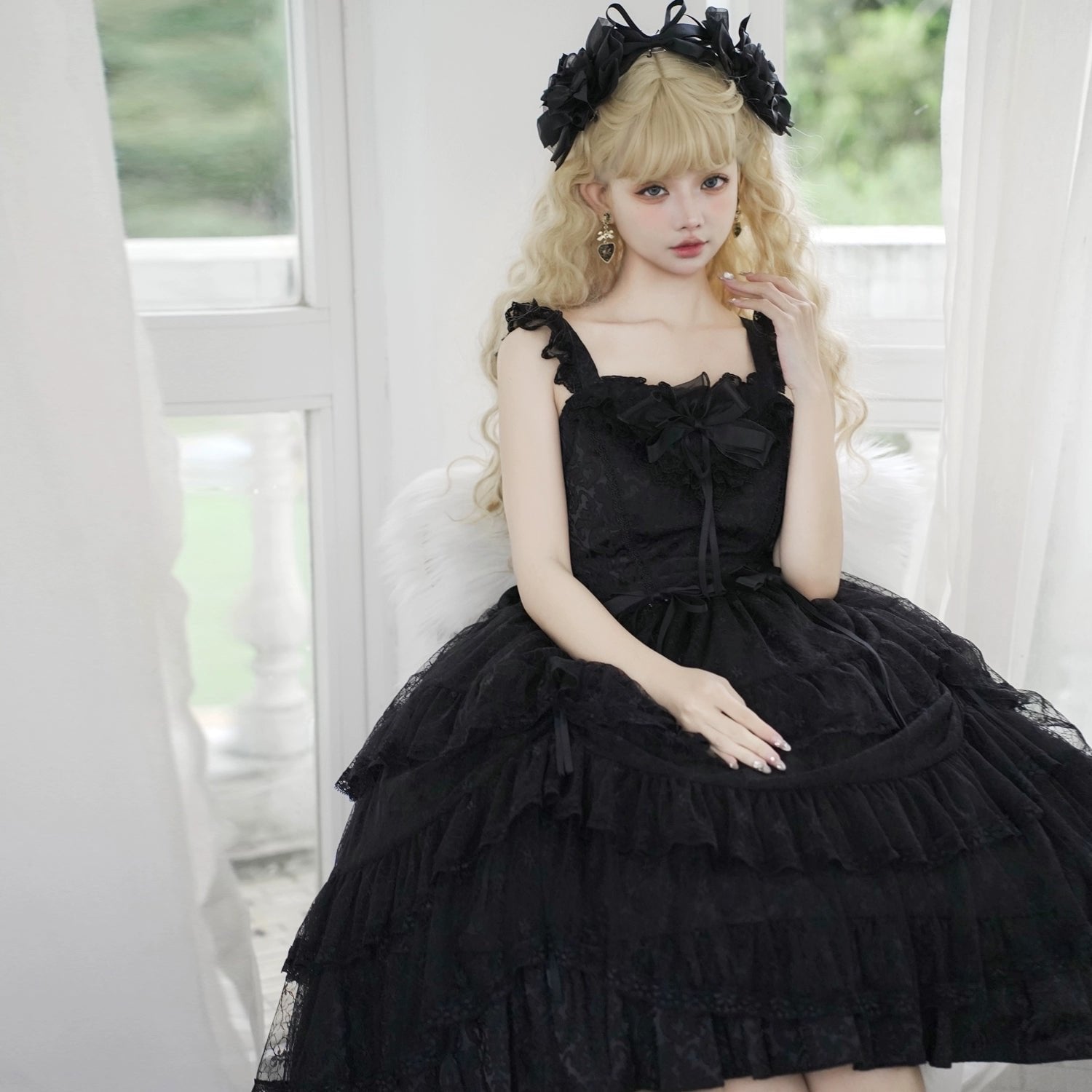 Hime Lolita Black Lace Light Floral Dress Lolita OP Short Sleeve Chiffon Top
