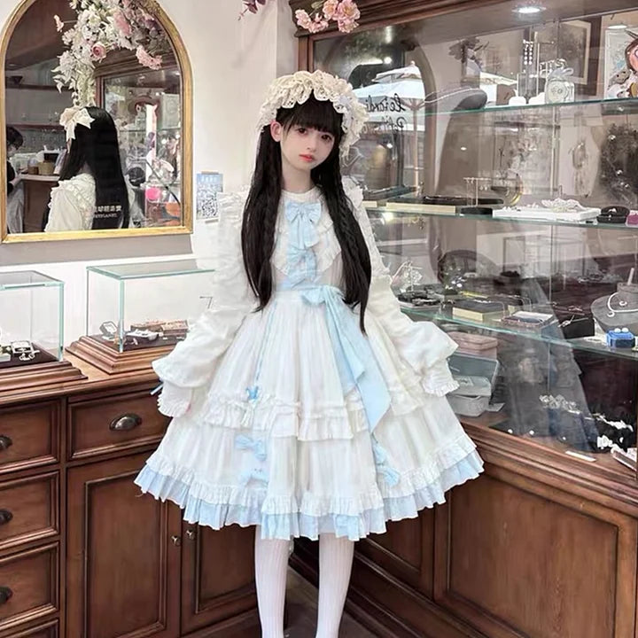 Blue and White Sweet Bow Lolita Long Sleeves Dress Cute Princess Dress