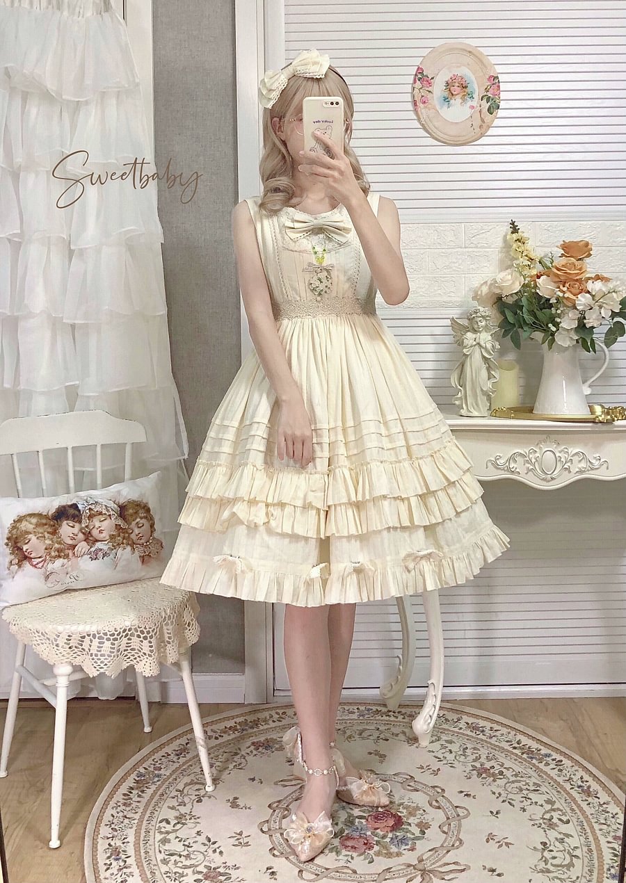 Elegant Ivory Ruffles Lolita Jumper Skirt Solid Color JSK Casual Coord