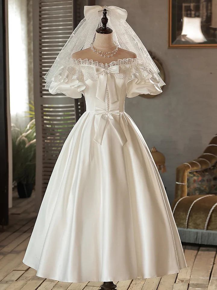 Hime Lolita French Vintage White Satin Wedding Bride Shoulder Sweet Princess Dress