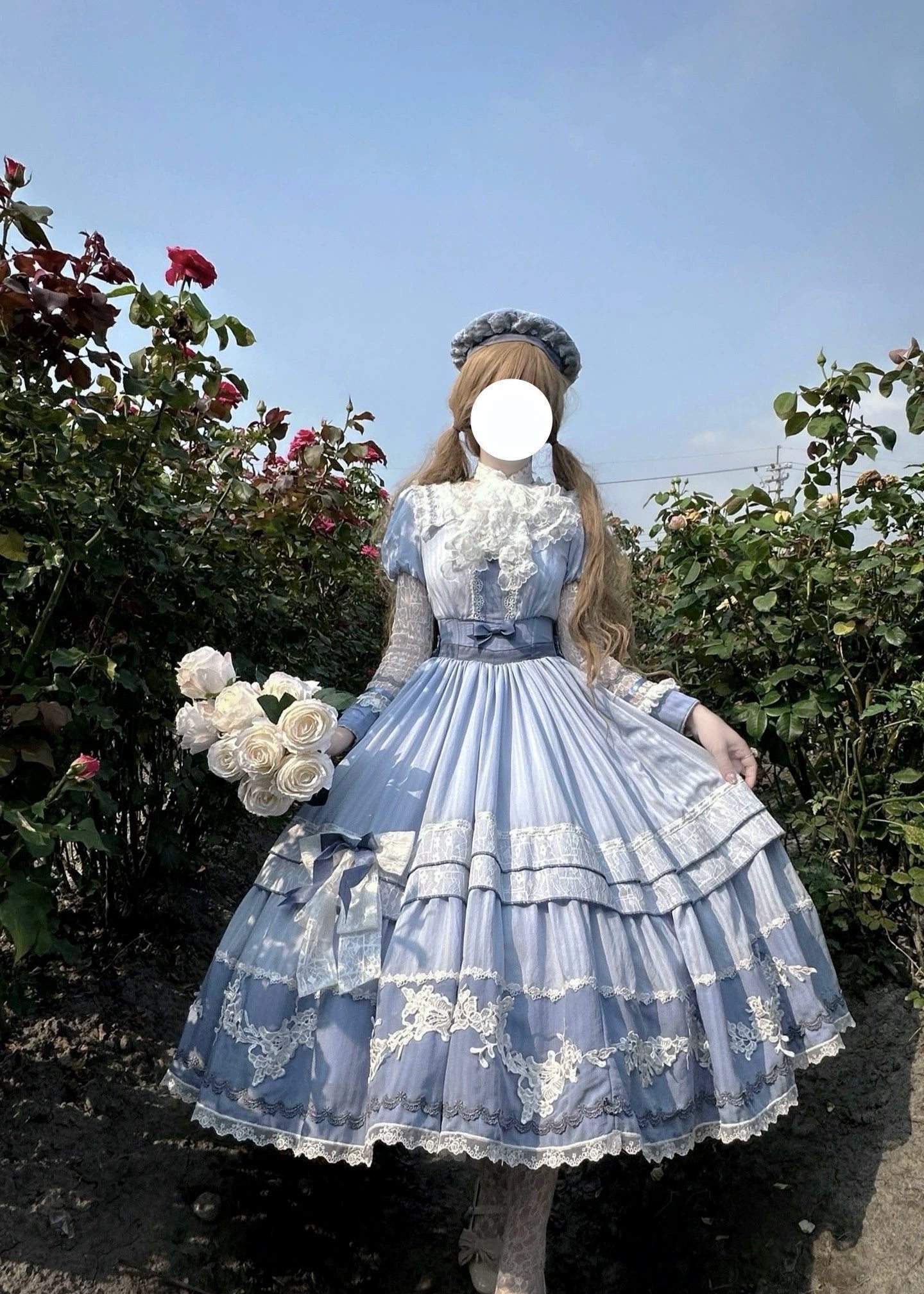 Hime Lolita Blue Short Sleeve Lace Neck Lolita Dress OP Daily Party Lolita Voyage