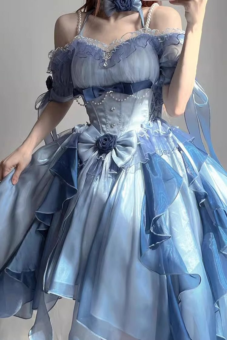 Hime Lolita Rose Blue Birthday Party Romantic Prom Dress Bowknot Princess Style Ball Gown