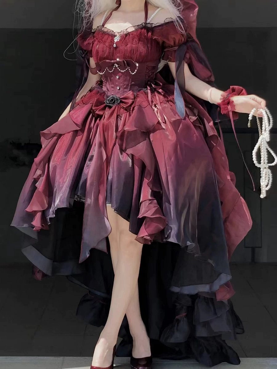 Hime Lolita Rose Red Birthday Party Romantic Prom Dress Bowknot Princess Style Ball Gown