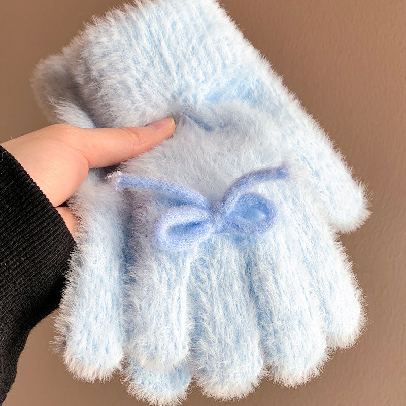 Korean Cute Blue Bow Plush Knitted Gloves Women's Autumn and Winter Velvet