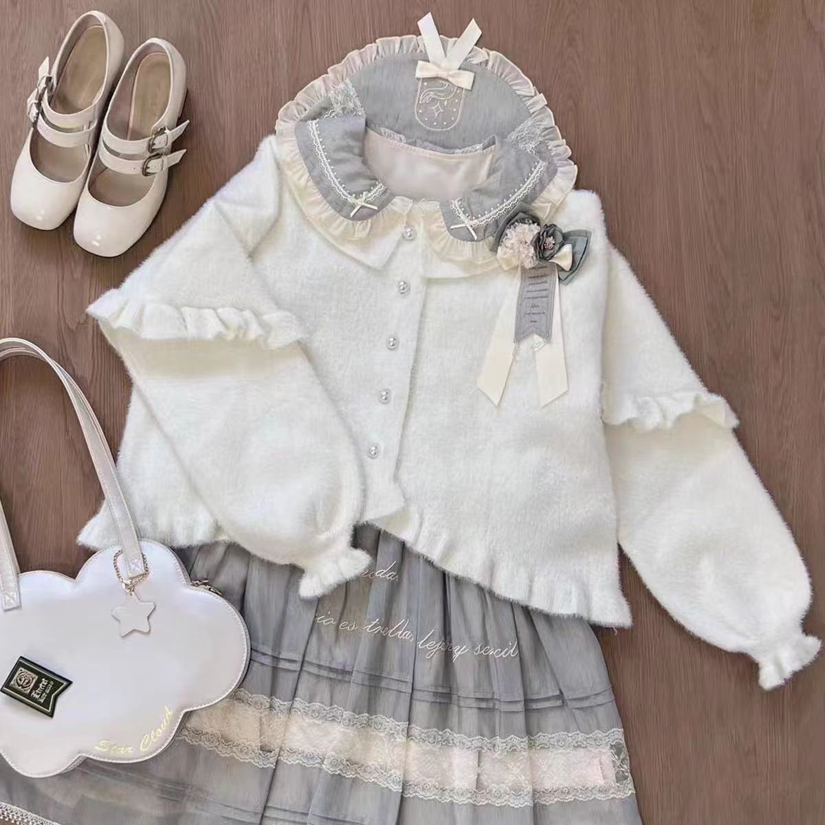 Lolita Coat Bubble Sleeve Knit Cardigan Sweet Ruffled Soft Girl Autumn Winter Coat