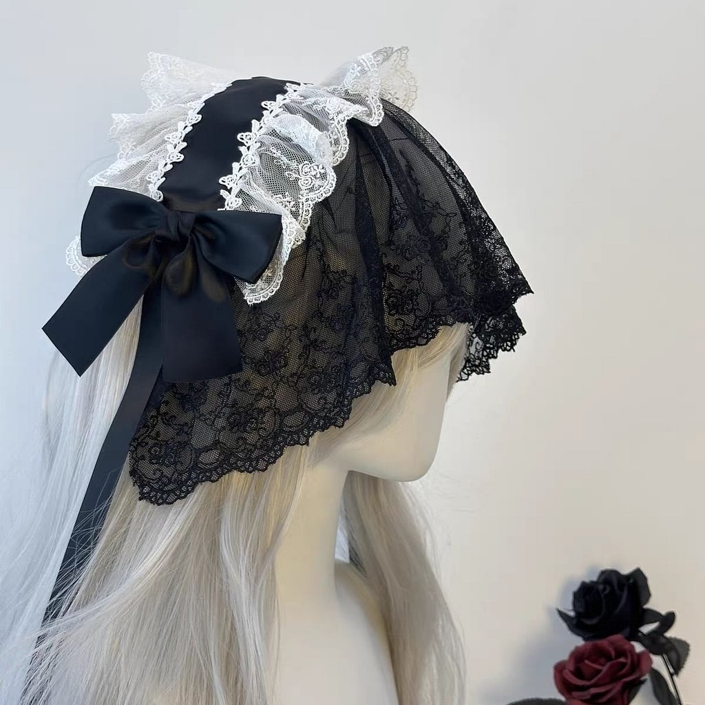 Lolita Hair Accessories Gothic Lace Dark Headband Nun Style Veil for Halloween