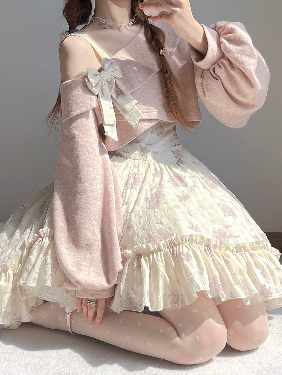 Lolita Twilight Rose Sweet Lolita Dress Sweater and Floral Print JSK Pink Blue Flower