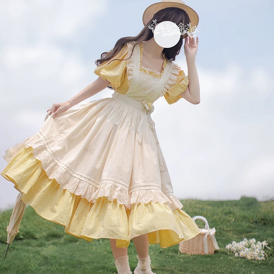 Mori Kei Fashion Classic Rustic Yellow Youthful Vibrant Dress Lolita OP Plaid Print Casual Coord