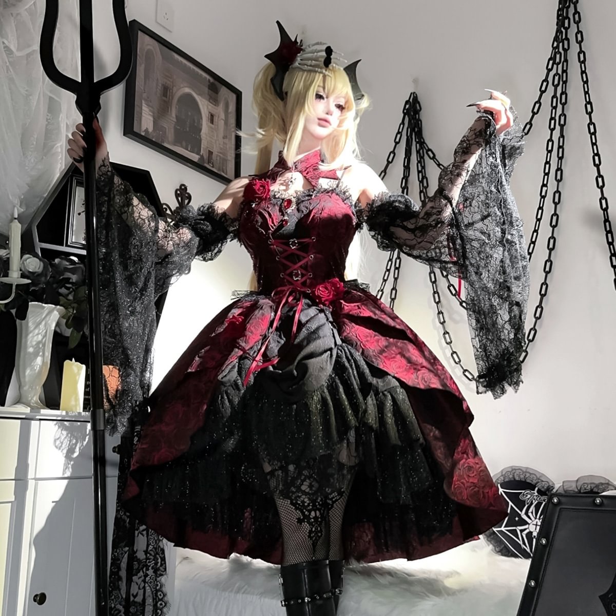 Gothic Lolita Original Rose Red Dark Jacquard Suspender Skirt with Sleeve for Halloween