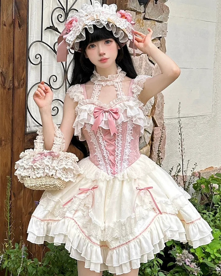 Pink Lace Princess Lolita Dress Sweet Bow Slip Short Dress