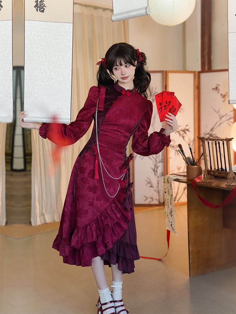 Qi Lolita Clothes Red Christmas Lolita Outfit Atmosphere Velvet Ruffle Cheongsam Dress Lolita