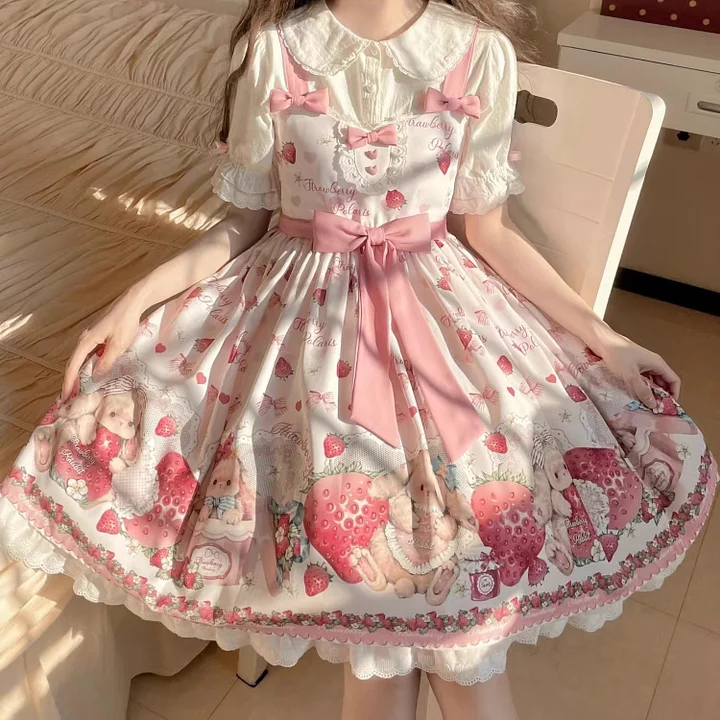 Spring/Summer Pink Cute Sweet JSK Daily Light Lolita Birthday Cake Dress Strawberry Bear Print
