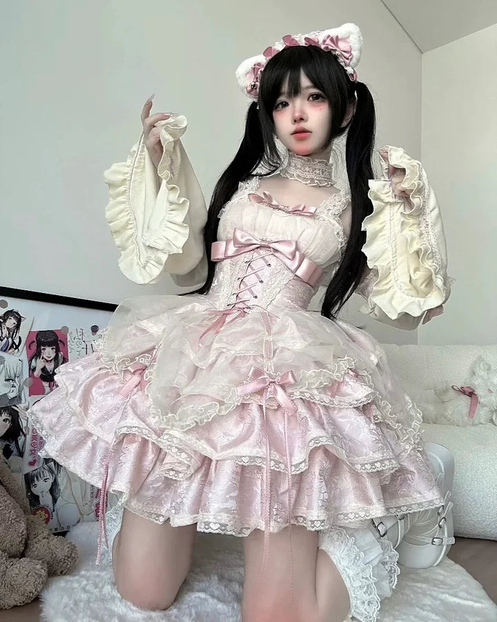 Sweet Blue Lolita Ballet Style Lolita Outfit JSK Princess Dress Girl Pink Red Dress Bow Ball Gown