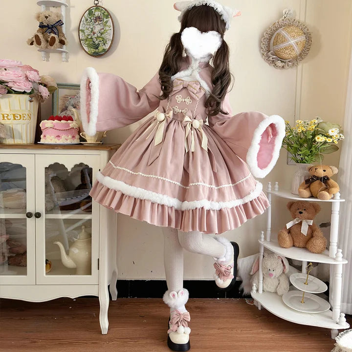 Sweet Lolita Red Pink Christmas Lolita Autumn and Winter Two-piece Velvet Dress Set Cape Lolita Coats