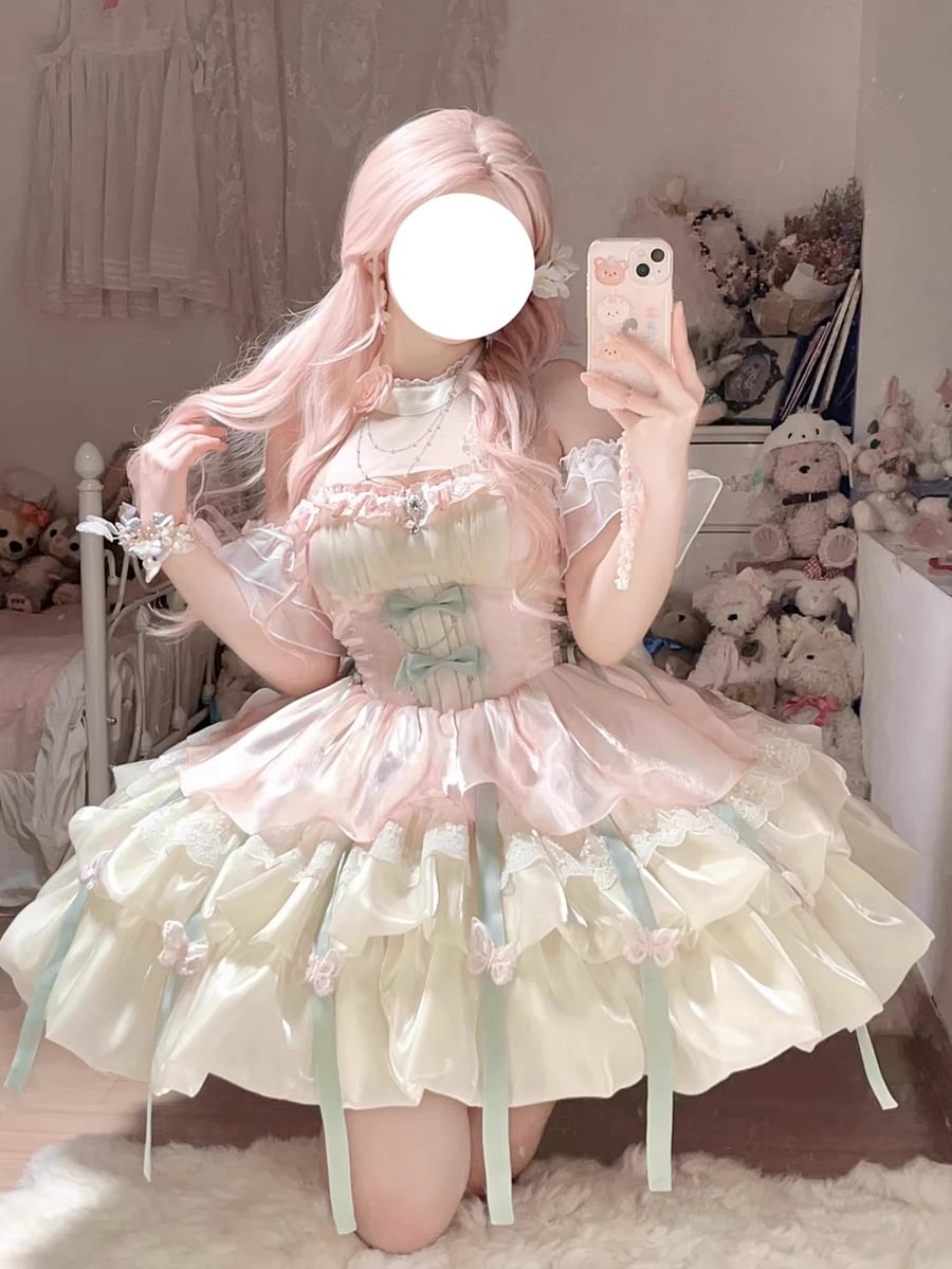 Sweet and Cute Apricot Blue Fairy Neck Sling Lolita Spring and Summer Layer Cake Puffy Dress