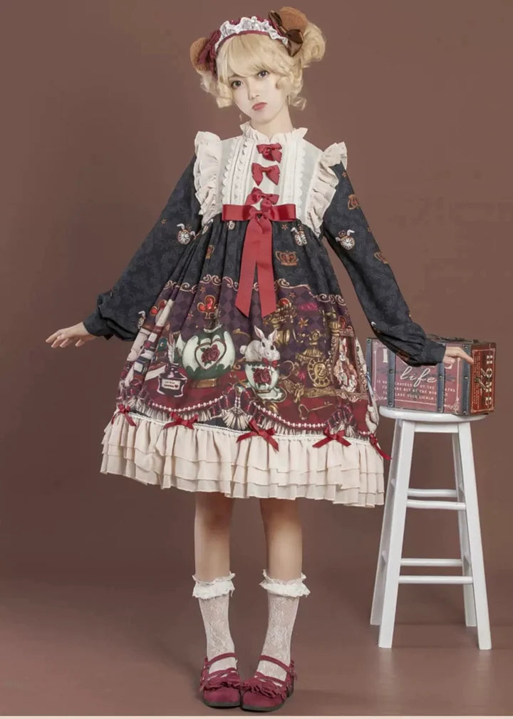 Sweetslolita Fairy Tale Style Bow Lolita Dress Long Sleeves Dress for Girls OP