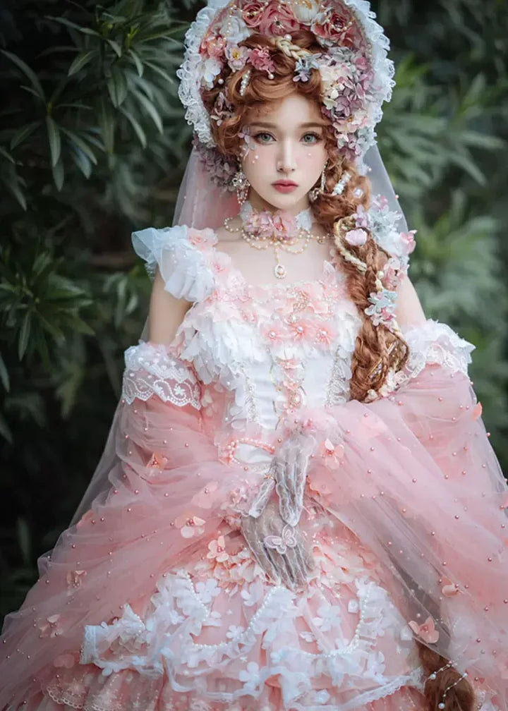 Hime Lolita Tea Party Fashion Elven Fairy Pink Gorgeous Chiffon Dreamy Flower Princess Dress