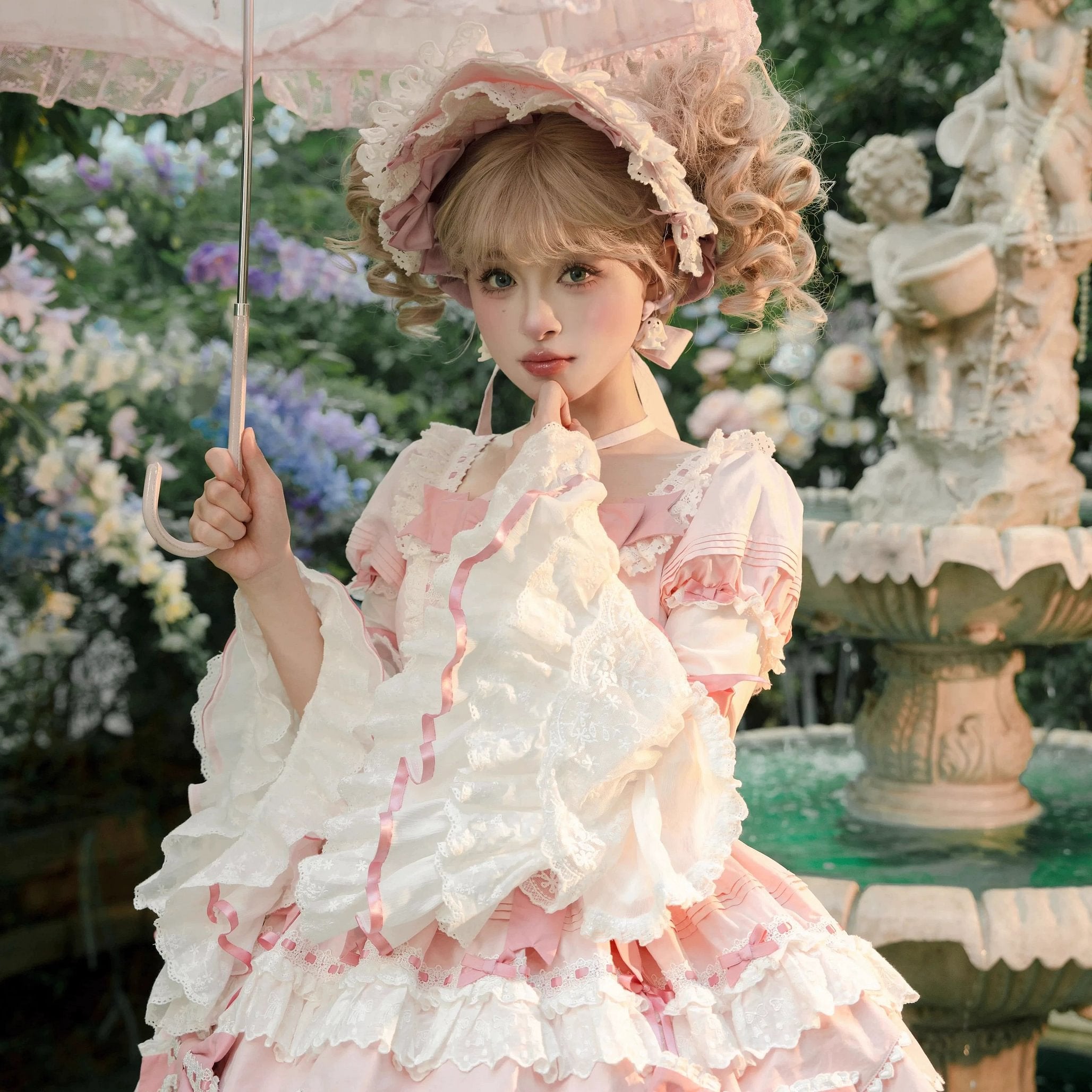 Tea Party Fashion Hime Lolita Sweetheart Pink Floral Gorgeous Long Sleeve Princess Dress Lolita