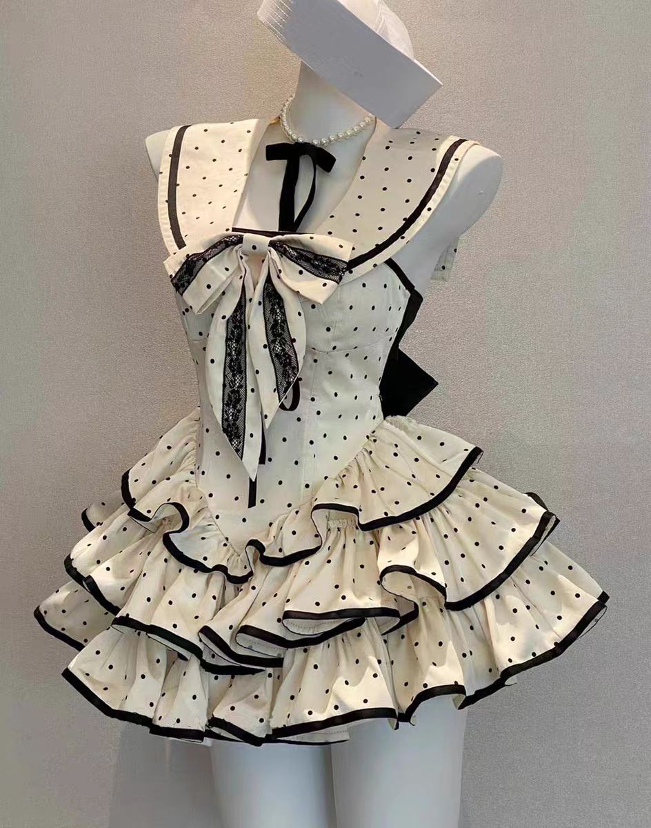 Sweet Lolita Apricot Navy Collar Polka Dot Cake Dress Summer Dress