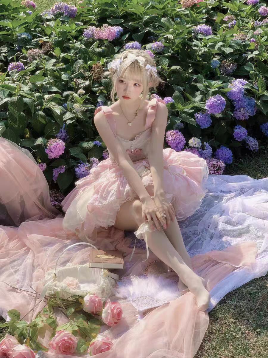 Hime Lolita Pink Blue Flower Suspender Dress Ballet Puffy Dress Lolita