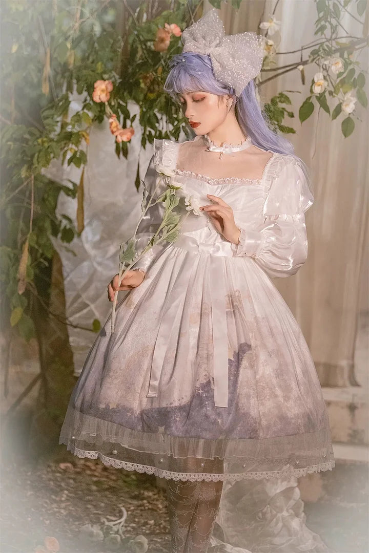 Hime Lolita White Crepe Elegant Long Sleeved Dress Wedding Dresses OP