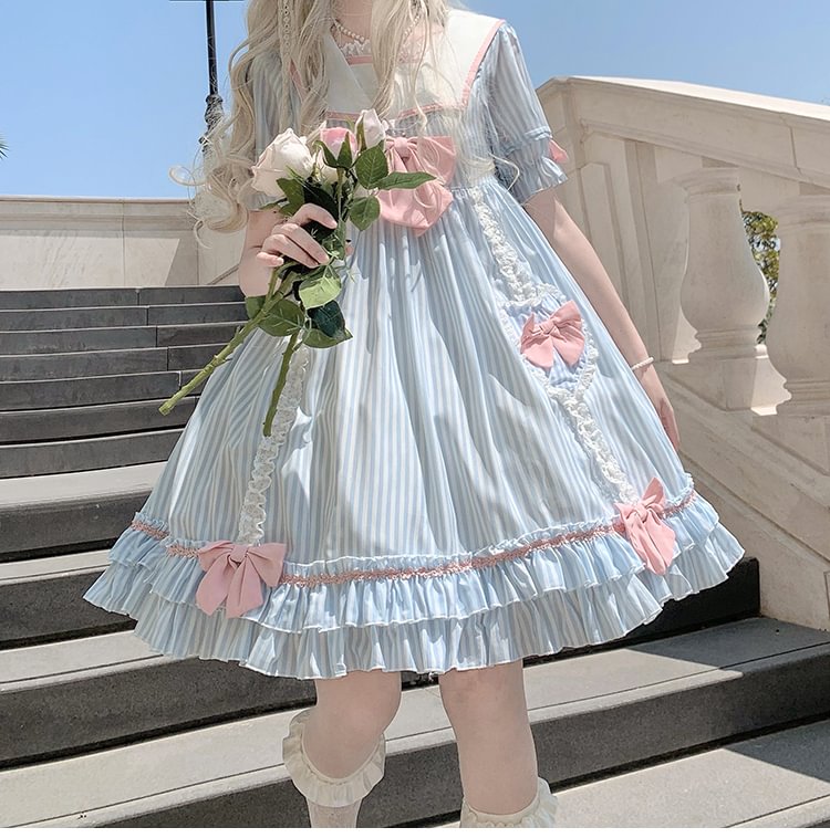 Cute Teen Lolita Summer Sweetheart Bestie Striped Op Short Sleeve Dress