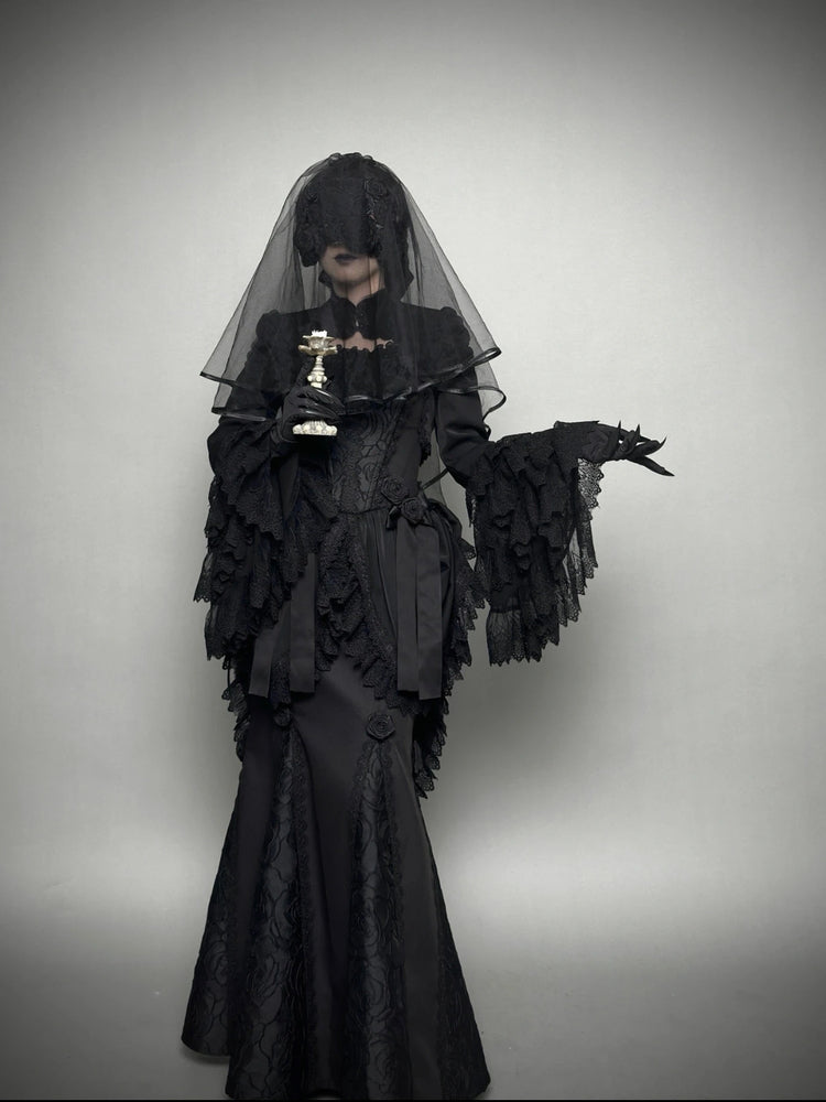 Gothic Lolita Black Lace Trimmed Veiled Gown Goth Prom Dress