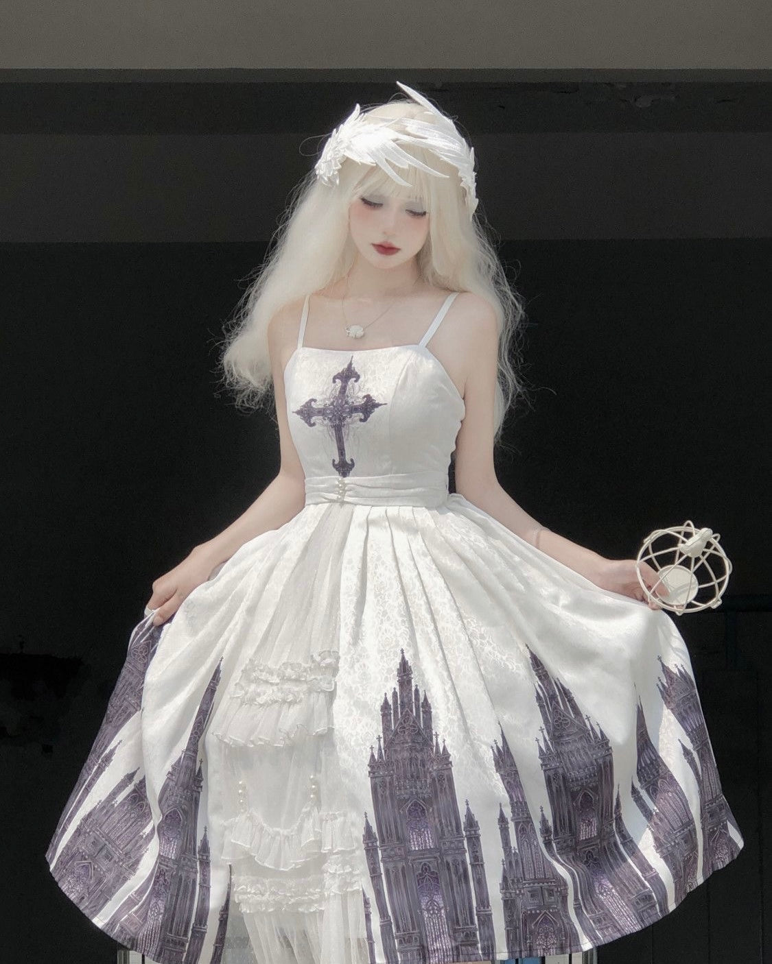 Gothic Lolita Black White Printing Cape Which Costume Rococo Vintage Long Jumper Skirt