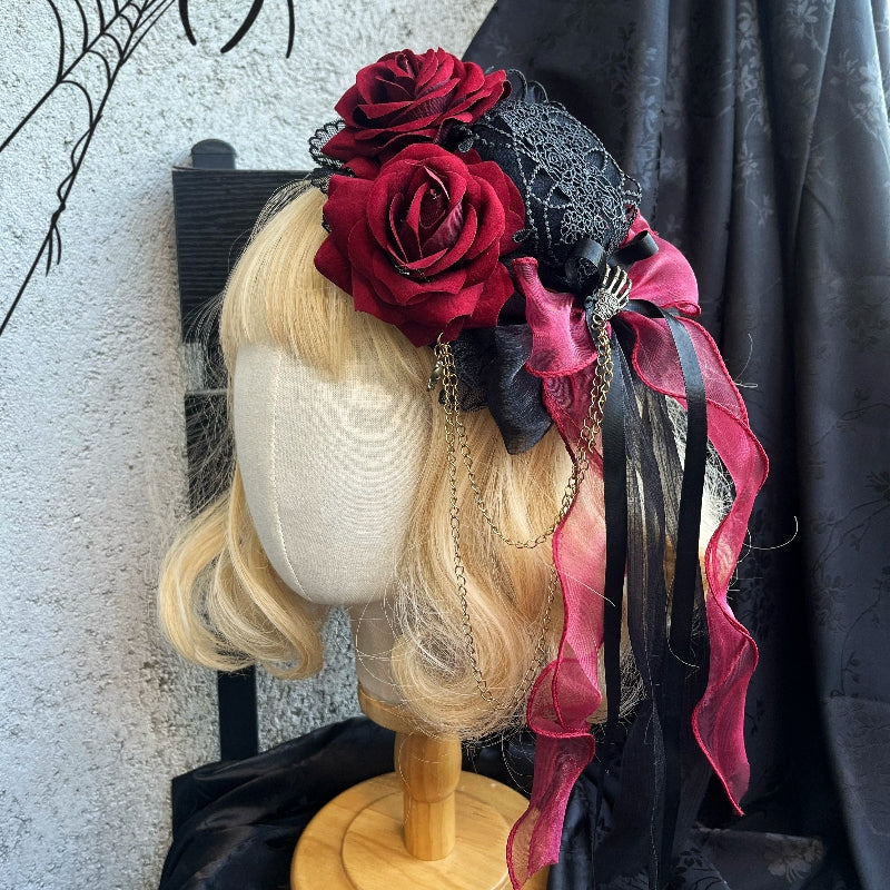 Lolita Accessories Burgundy Rose Black Hat Lace Gothic Dark Accessories Small Objects Hand Sleeves Hairpins Headwear and Accessories