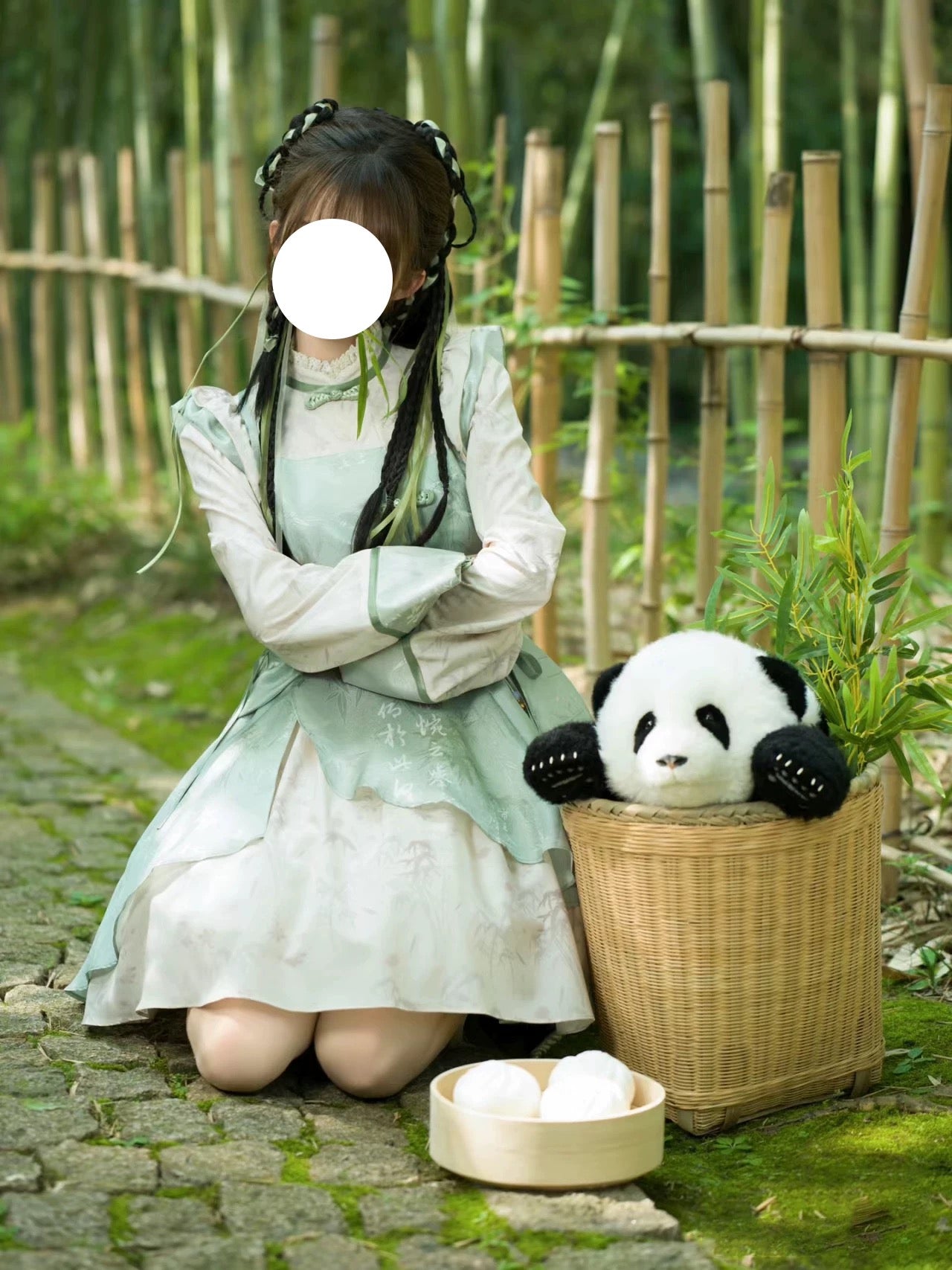 Qi Lolita Green Sweet Bamboo Panda Long Sleeve Lace Short Dress