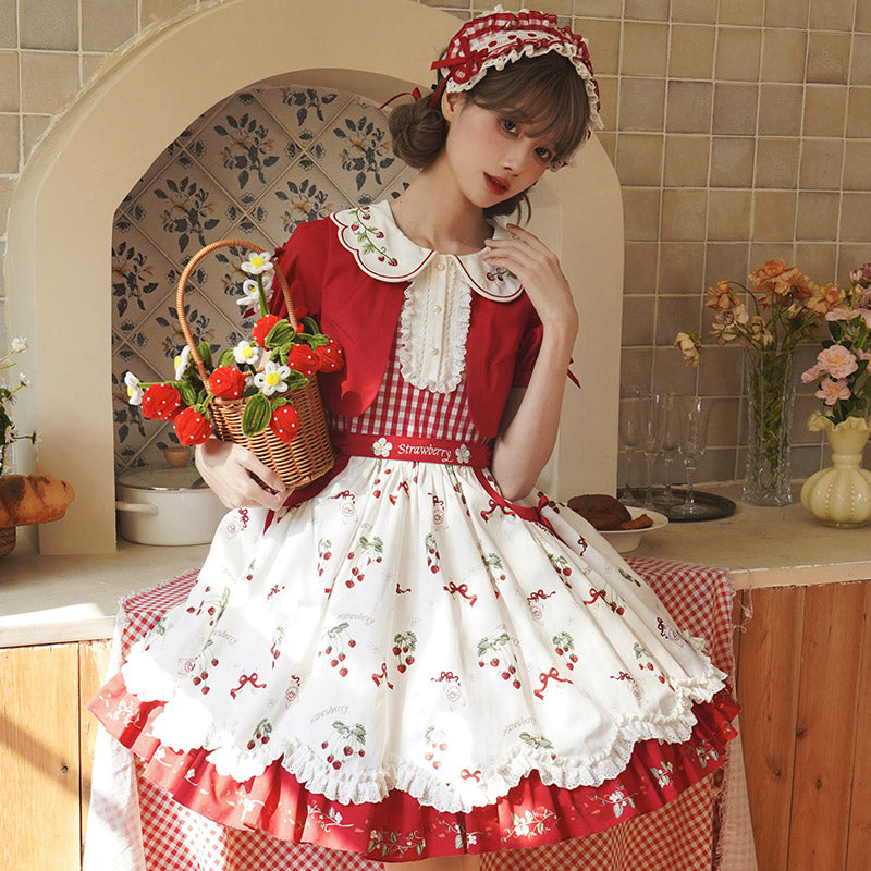Sweet Lolita Red White Idyllic Strawberry Print Dress One Piece Dress Shortsleeve