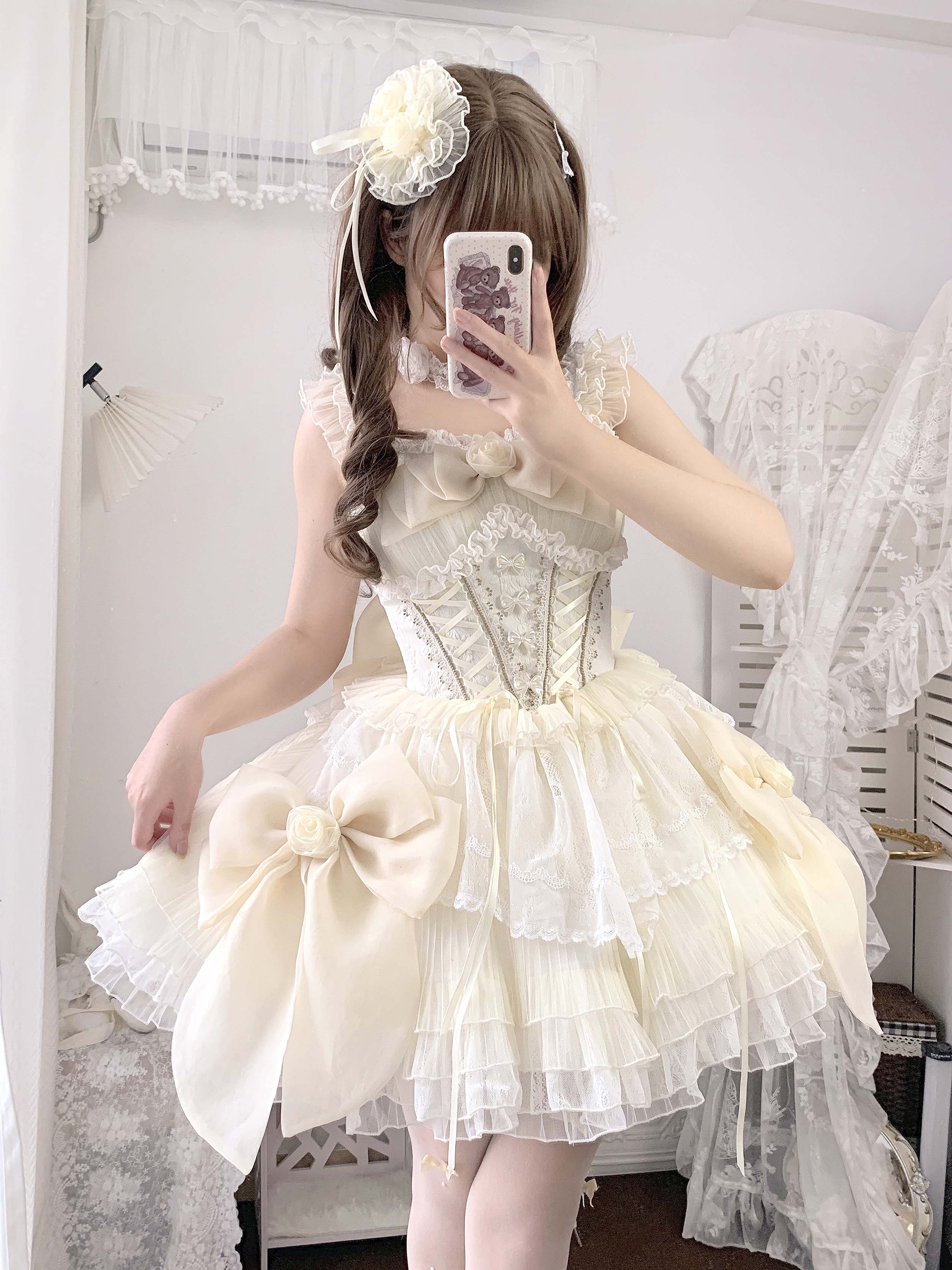 Hime Lolita Yellow Apricot Flower Beige Birthday Dress