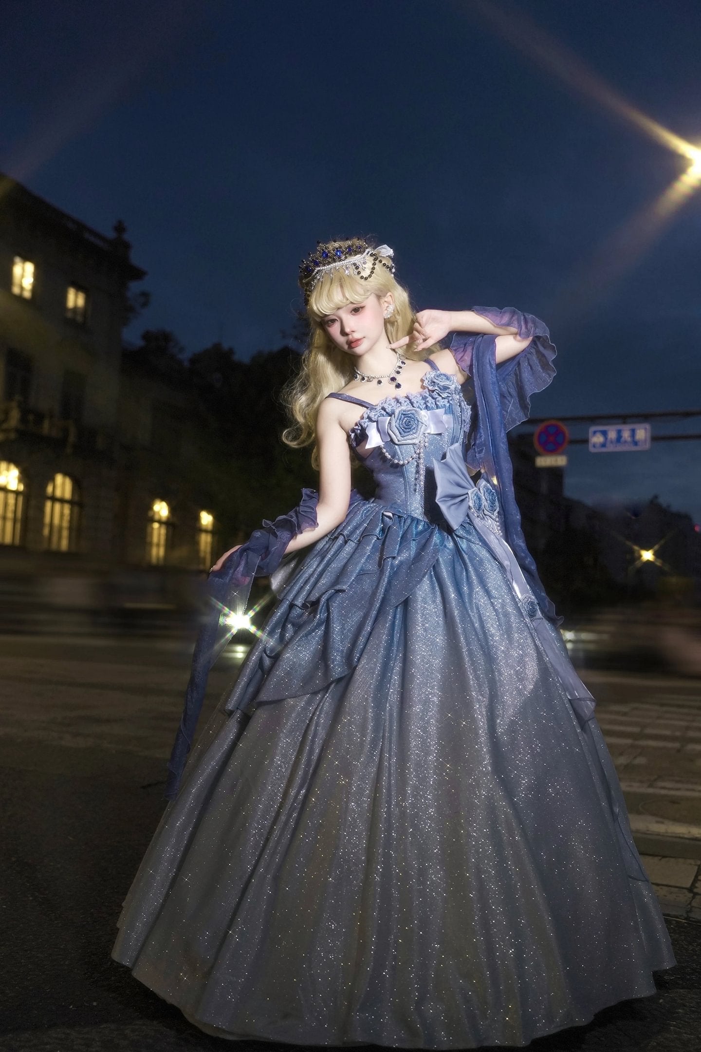 Hime Lolita Tea Party Fashion Starry Sky Blue Rose Princess Prom Dresses Graduation Ceremony