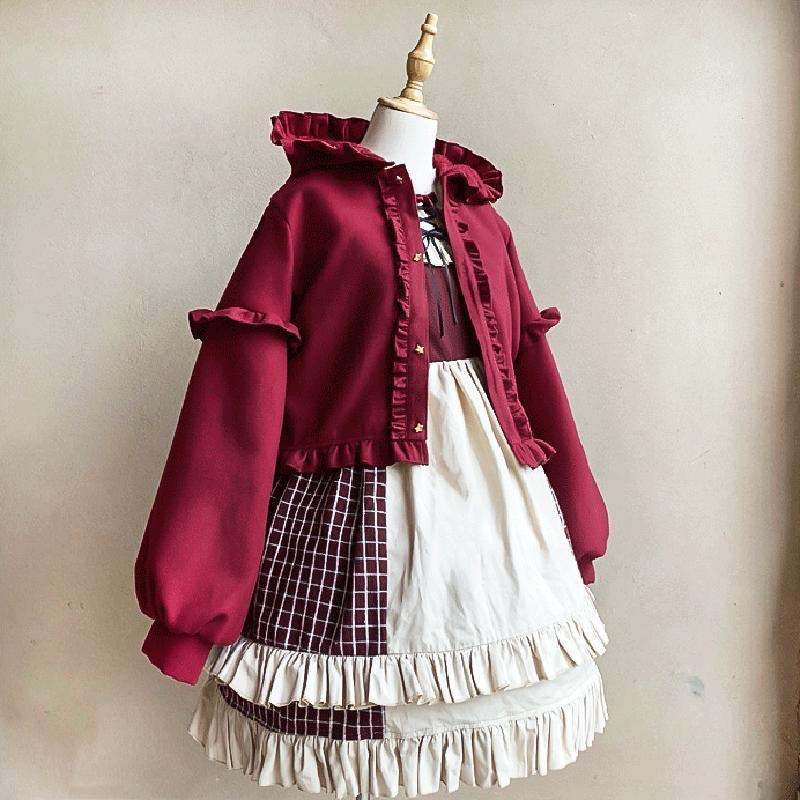 Lolita Coats White Red Ruffles Sweet Suede Jacket for Women Autumn Short Hooded