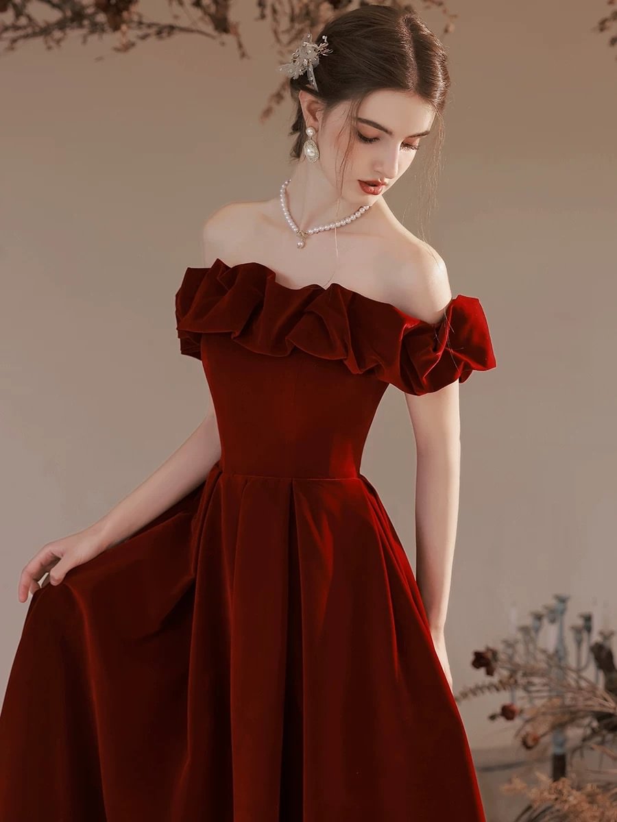 Wine Red Velvet One Shoulder Princess Prom Dress Elegant Ball Gown