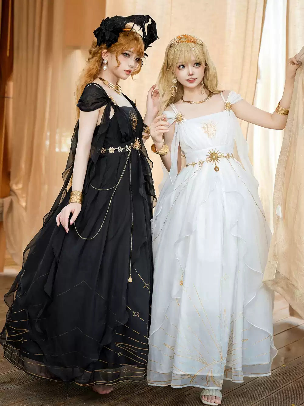 Mori Kei Fashion Elegant White Gown with Golden Celestial Motifs