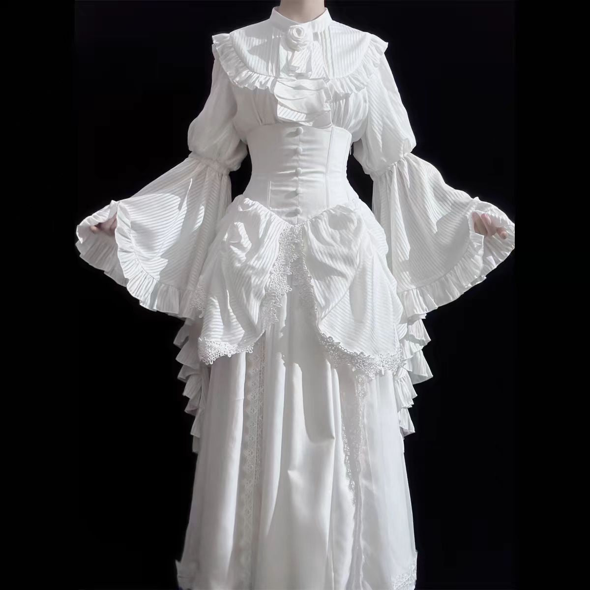 Dark Gothic Lolita Outfit Ruffles Long Skirt Shirt Court Style Witch Costume Halloween Blouse Shirt