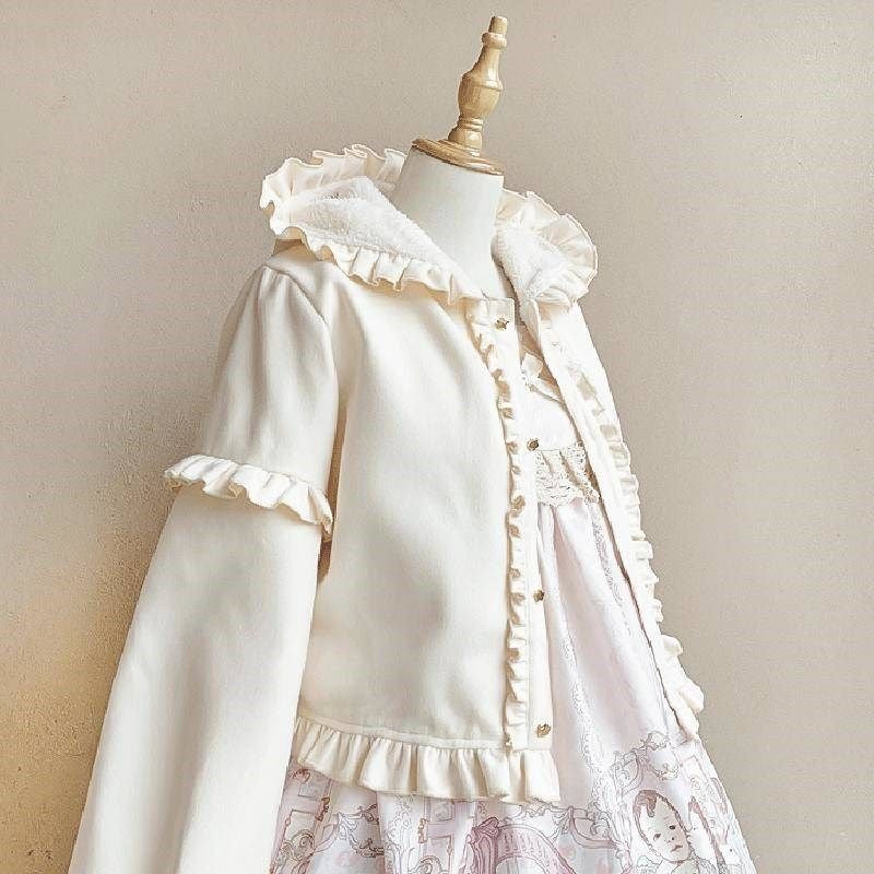 Lolita Coats White Red Ruffles Sweet Suede Jacket for Women Autumn Short Hooded