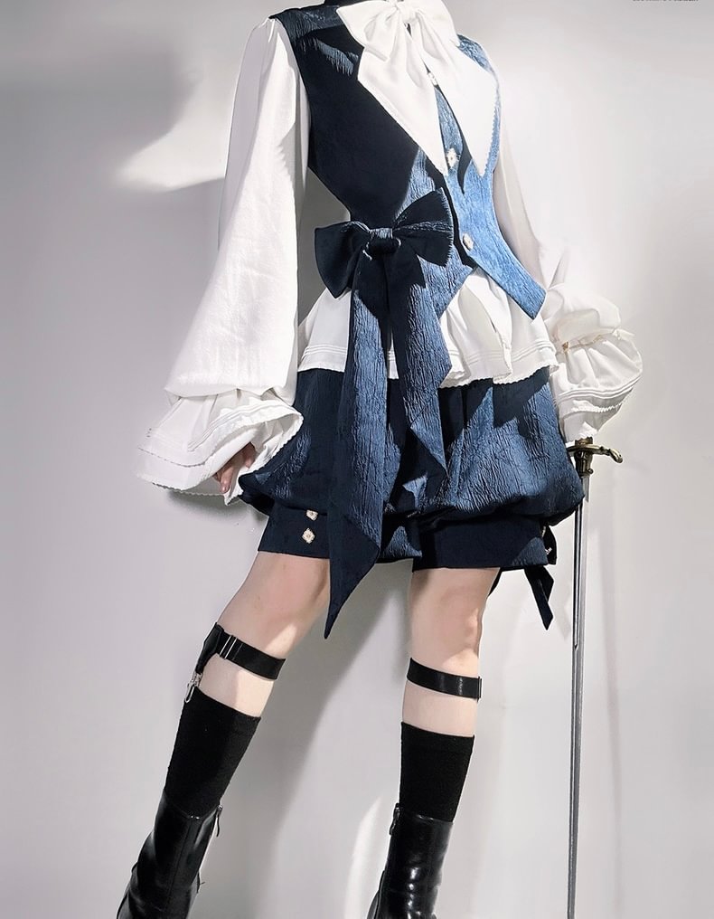 Ouji Fashion Lolita Gothic Sapphire Blue Vintage Cute Sweet Cool Jacket Lolita Rabbit Ears Prince Set