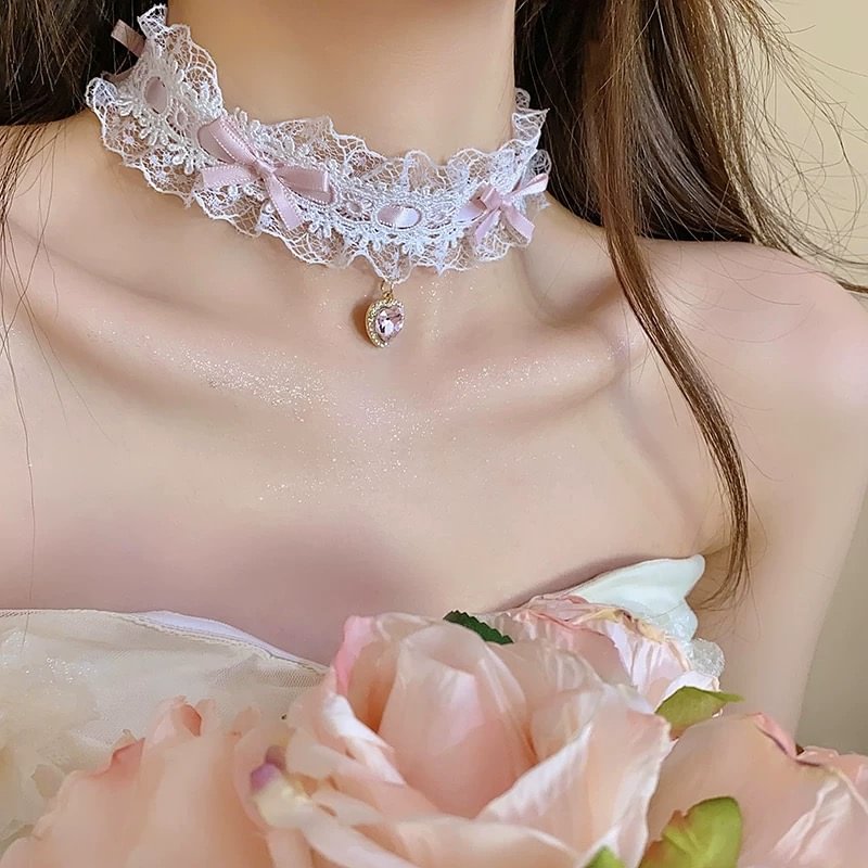 Sweet Lolita Accessory Bowknot Lace Choker Love Heart Necklace