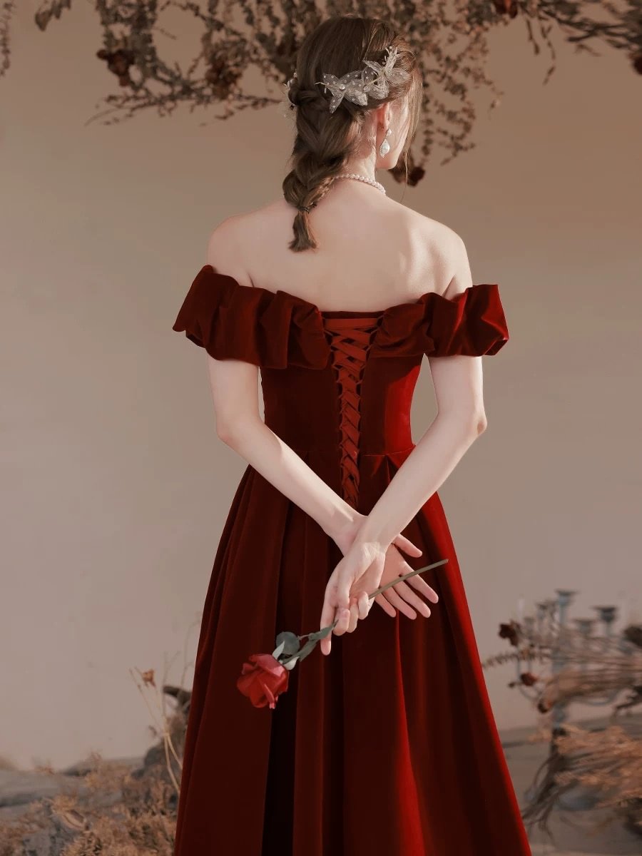 Wine Red Velvet One Shoulder Princess Prom Dress Elegant Ball Gown