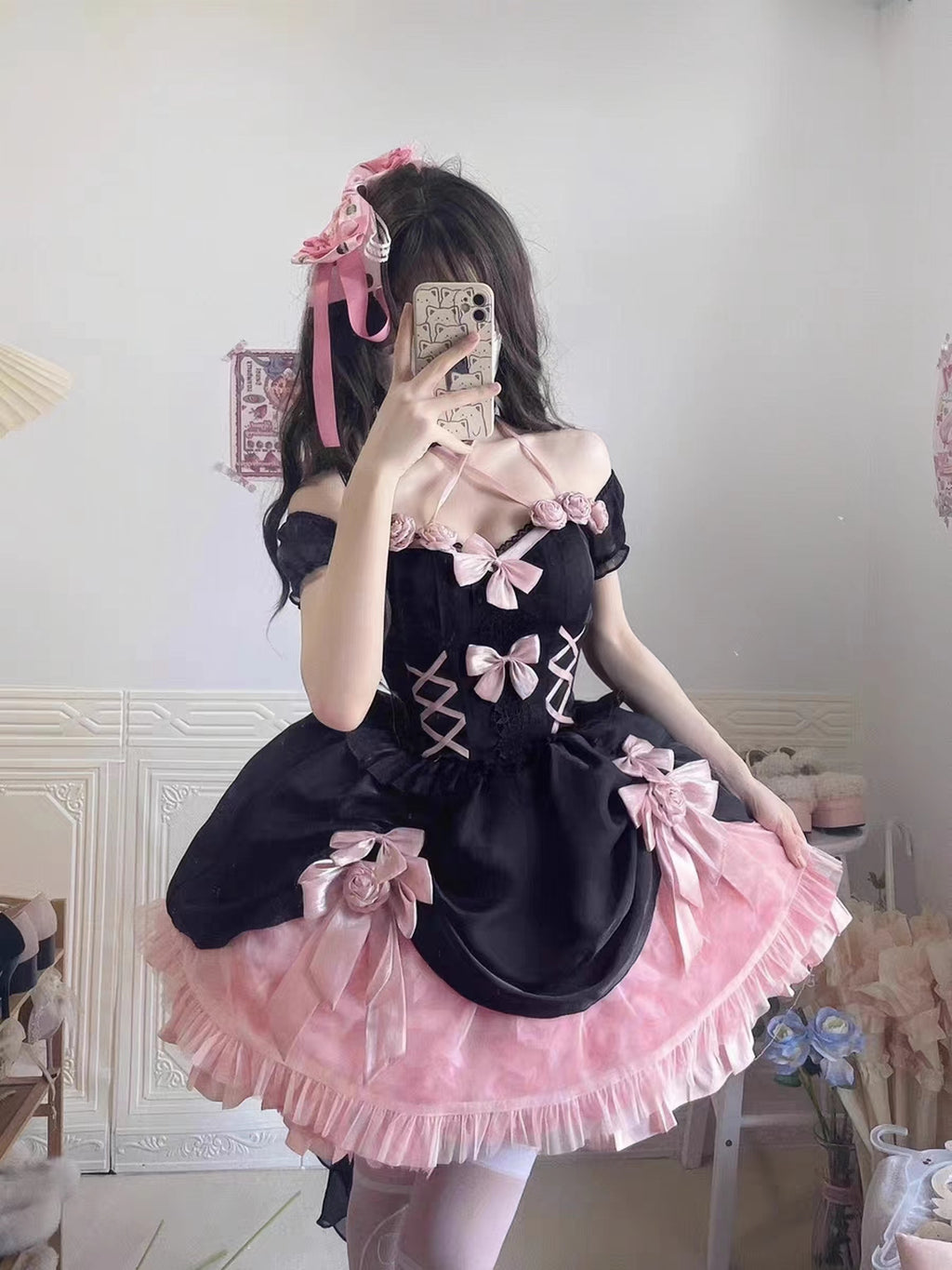 Hime Black Pink Rose Flower Marriage Fishbone Fluffy Princess Dress