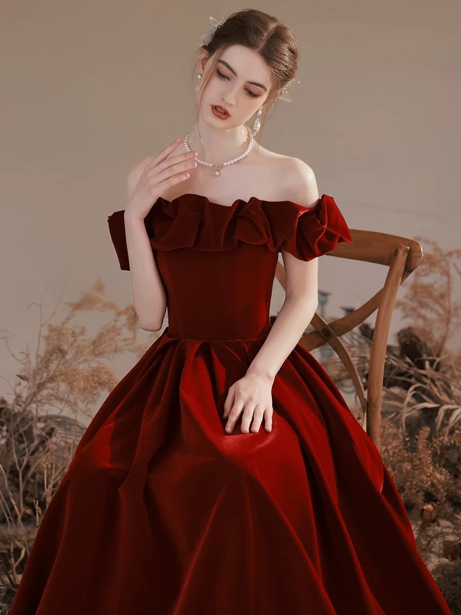 Wine Red Velvet One Shoulder Princess Prom Dress Elegant Ball Gown