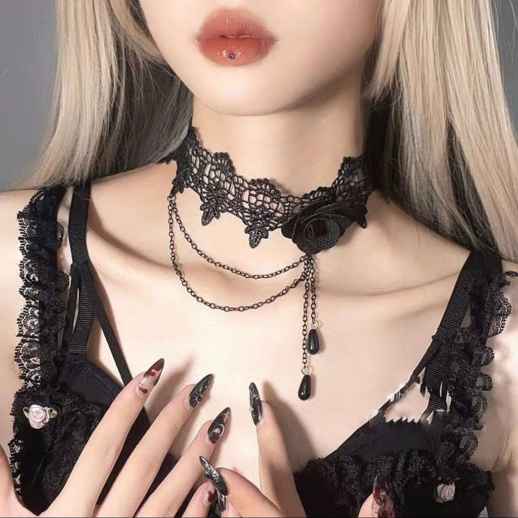 Dark Gothic Vintage Lolita Lace Necklace Black Chain Choke Halloween
