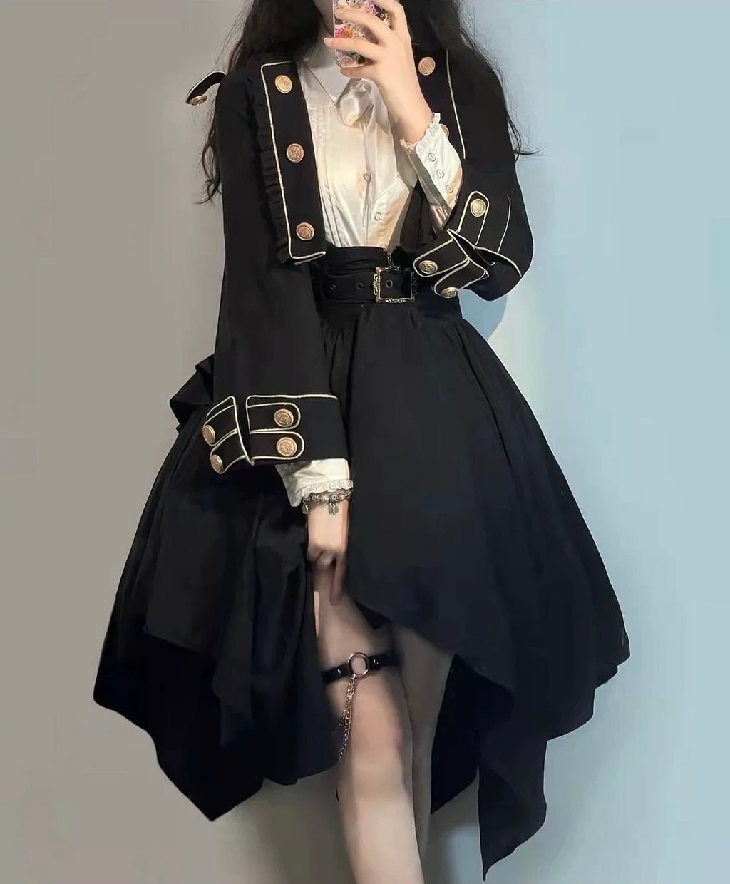 [Pre]Military Lolita Preppy Style Black Outfits Set Black Long Dresses