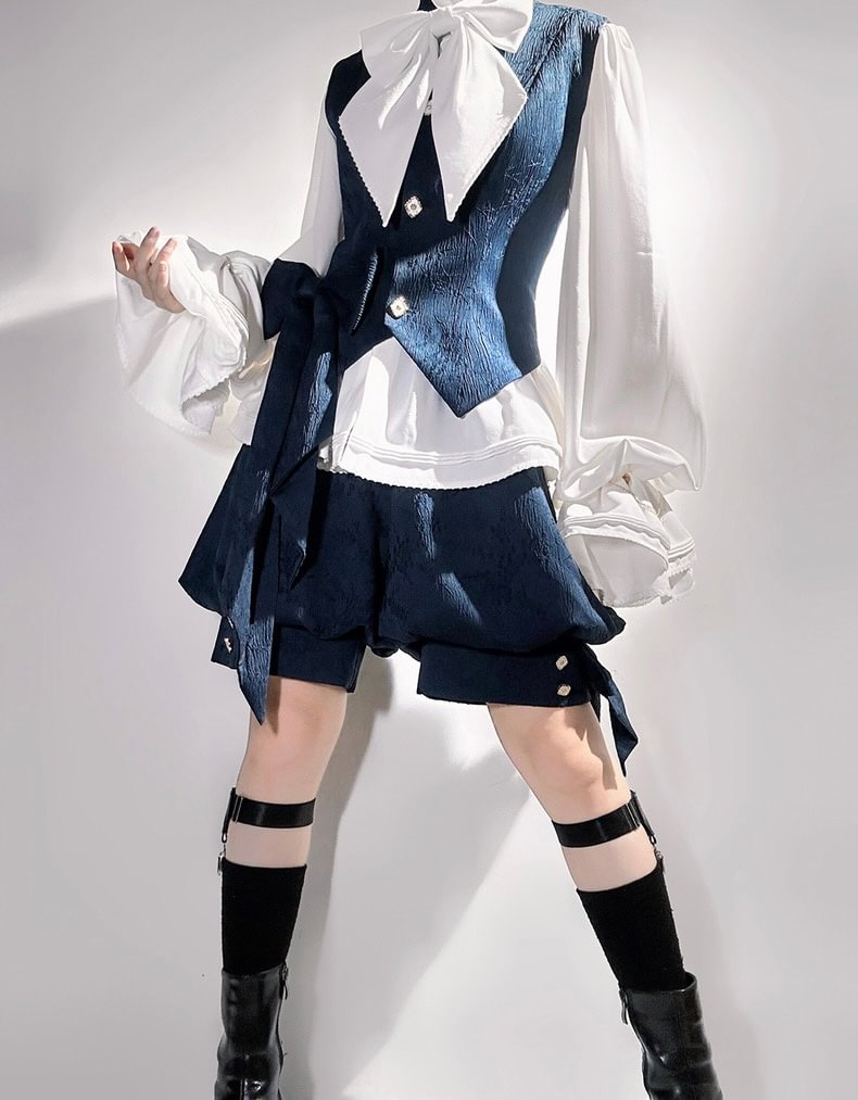 Ouji Fashion Lolita Gothic Sapphire Blue Vintage Cute Sweet Cool Jacket Lolita Rabbit Ears Prince Set