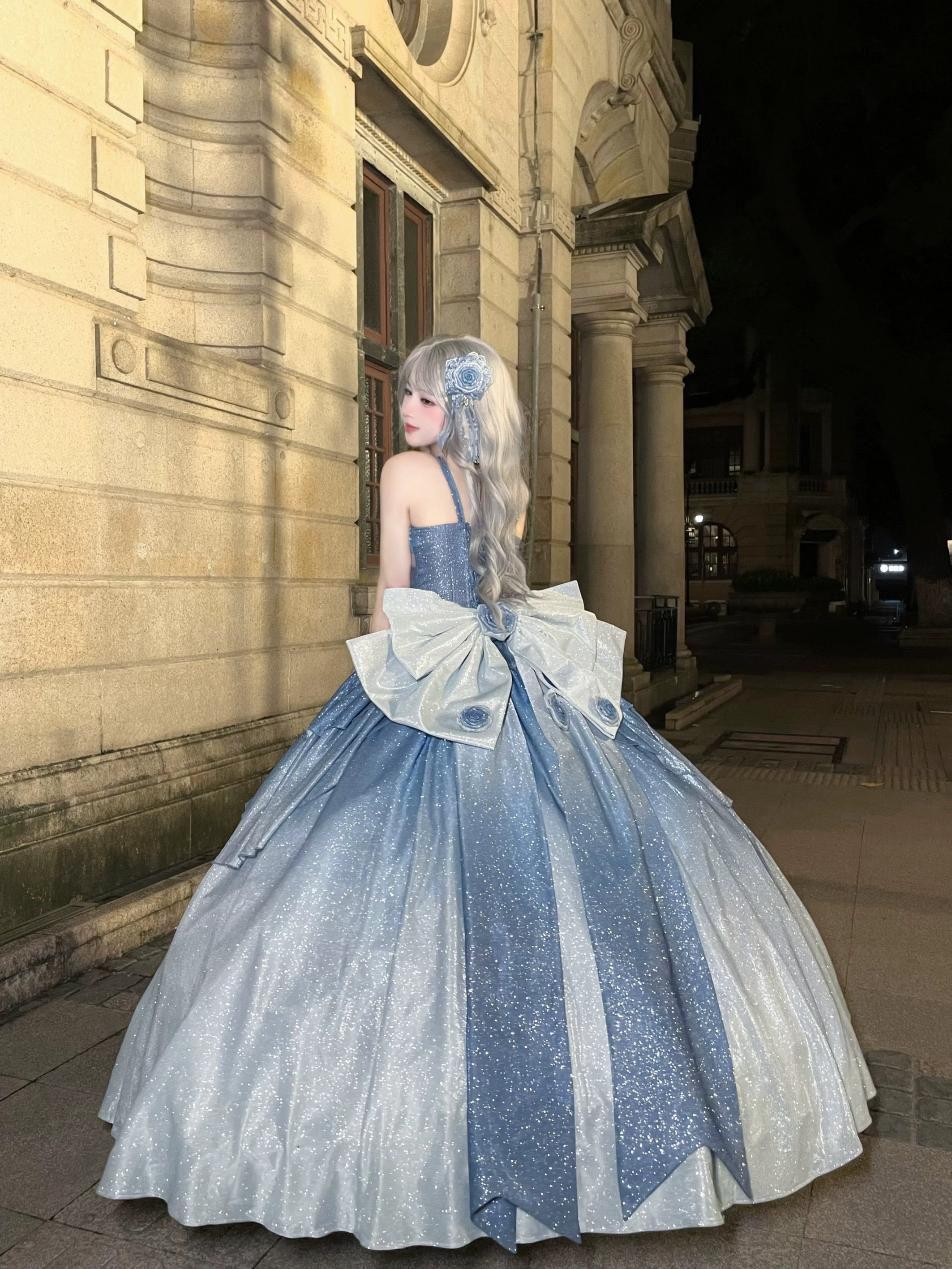 Hime Lolita Tea Party Fashion Starry Sky Blue Rose Princess Prom Dresses Graduation Ceremony