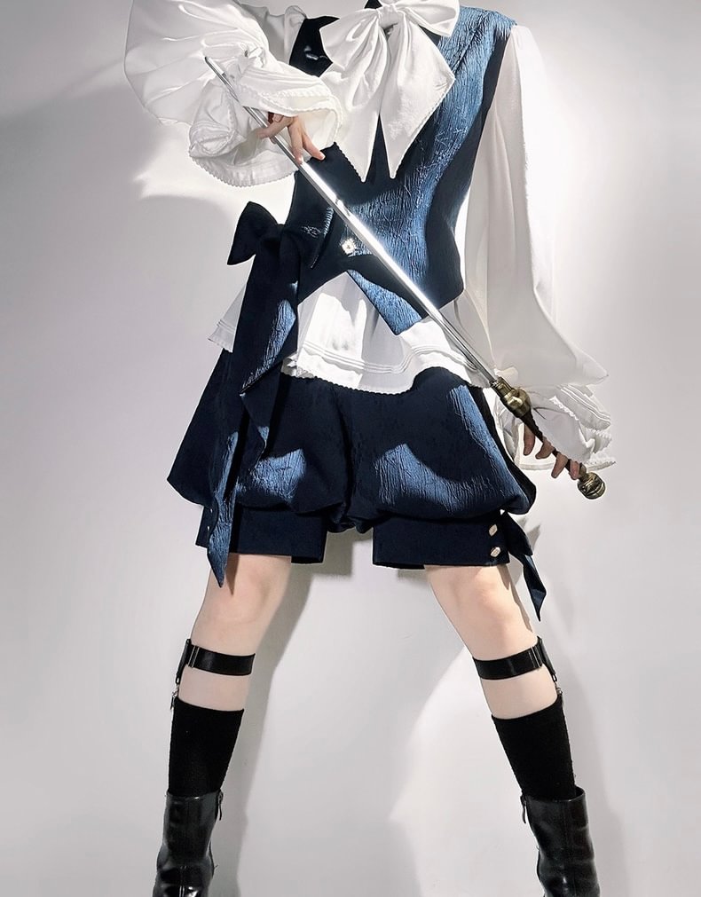 Ouji Fashion Lolita Gothic Sapphire Blue Vintage Cute Sweet Cool Jacket Lolita Rabbit Ears Prince Set