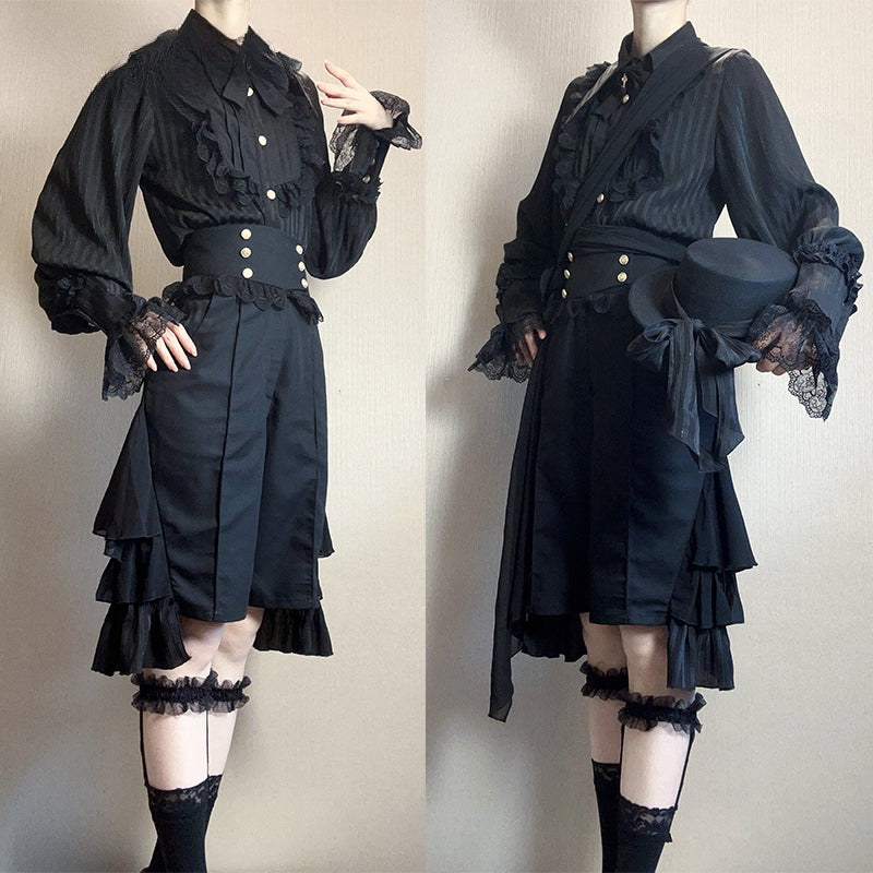 Ouji Fashion Ensemble Dark Black Regal Style Original Lolita Medieval Prince Shirt Pants Set